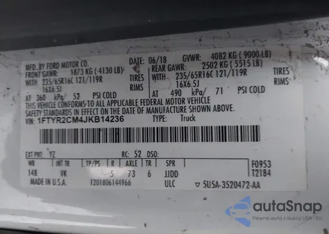 2018 Ford Transit-250 из США, поврежденный, VIN 1FTYR2CM4JKB14236